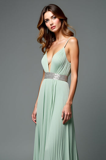 Green A Line Deep V-Neck Pleated Long Prom Dress