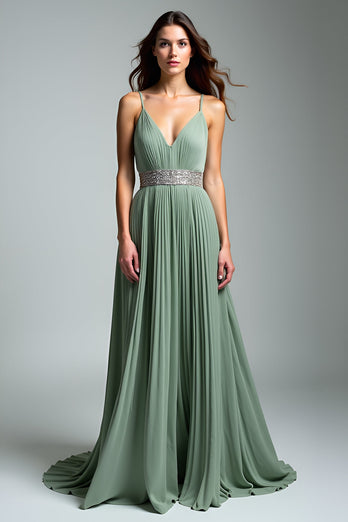 Dusty Sage Spaghetti Straps Pleated Long Prom Dress