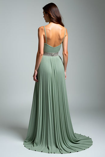 Dusty Sage Spaghetti Straps Pleated Long Prom Dress