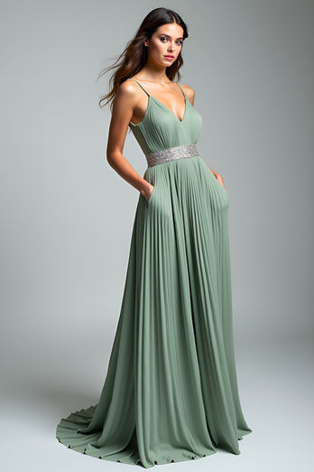 Dusty Sage Spaghetti Straps Pleated Long Prom Dress