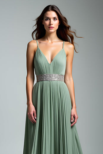 Dusty Sage Spaghetti Straps Pleated Long Prom Dress