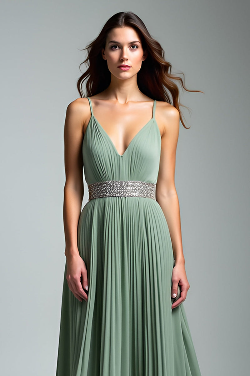 Load image into Gallery viewer, Dusty Sage Spaghetti Straps Pleated Long Prom Dress