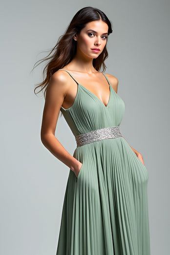 Dusty Sage Spaghetti Straps Pleated Long Prom Dress