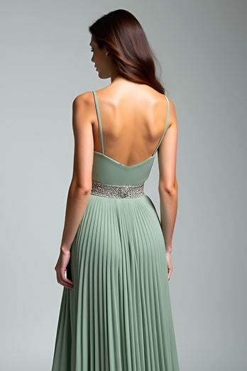 Dusty Sage Spaghetti Straps Pleated Long Prom Dress