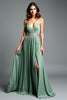 Load image into Gallery viewer, Dusty Sage Pleated V-Neck Long Prom Dress with Slit