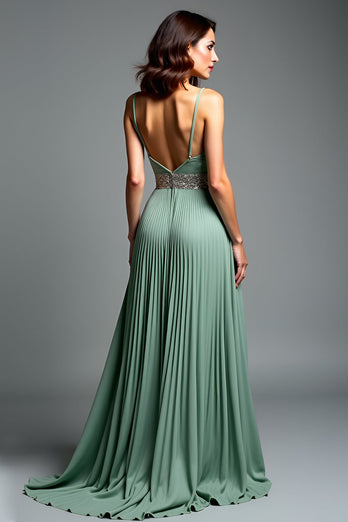 Dusty Sage Pleated V-Neck Long Prom Dress with Slit