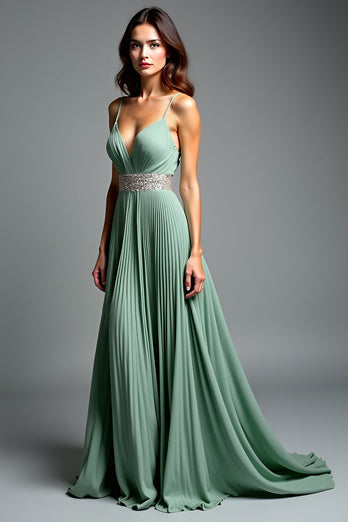 Dusty Sage Pleated V-Neck Long Prom Dress with Slit