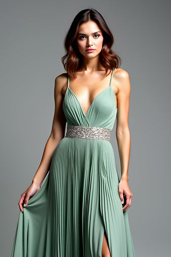 Dusty Sage Pleated V-Neck Long Prom Dress with Slit