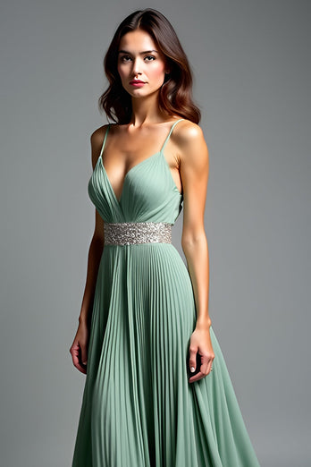 Dusty Sage Pleated V-Neck Long Prom Dress with Slit