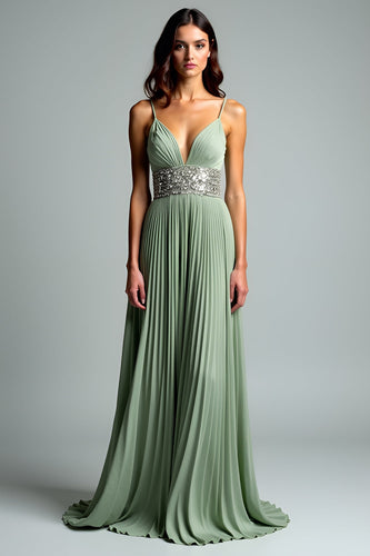 Grey Green Pleated A Line Long Prom Dress