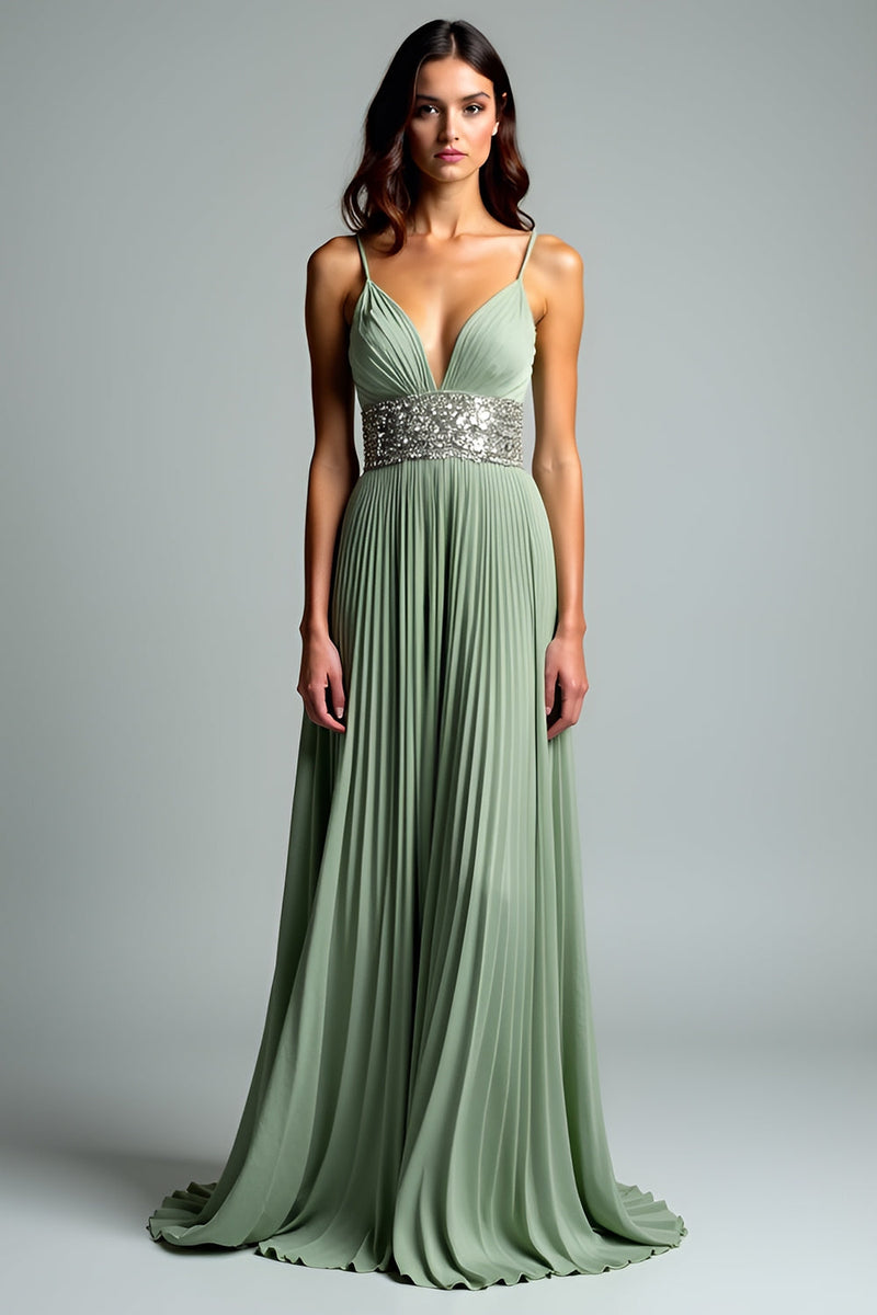 Load image into Gallery viewer, Grey Green Pleated A Line Long Prom Dress