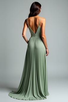 Grey Green Pleated A Line Long Prom Dress