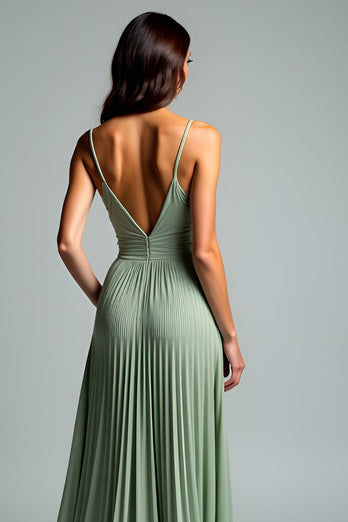 Grey Green Pleated A Line Long Prom Dress