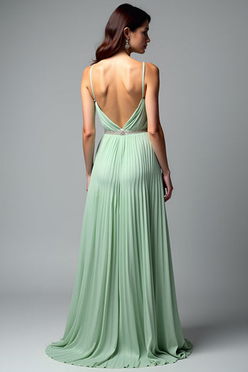 Light Green Backless A Line Pleated Long Prom Dress