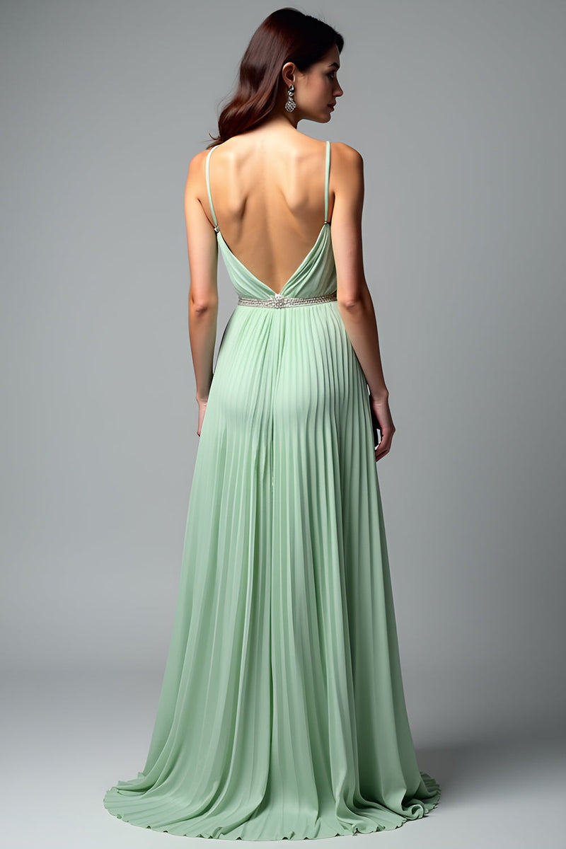 Load image into Gallery viewer, Light Green Backless A Line Pleated Long Prom Dress