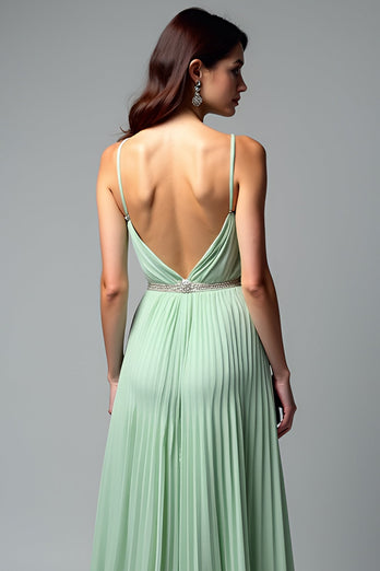 Light Green Backless A Line Pleated Long Prom Dress