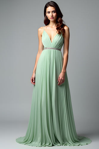 Light Green Backless A Line Pleated Long Prom Dress