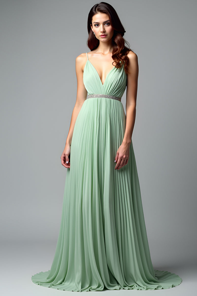 Load image into Gallery viewer, Light Green Backless A Line Pleated Long Prom Dress