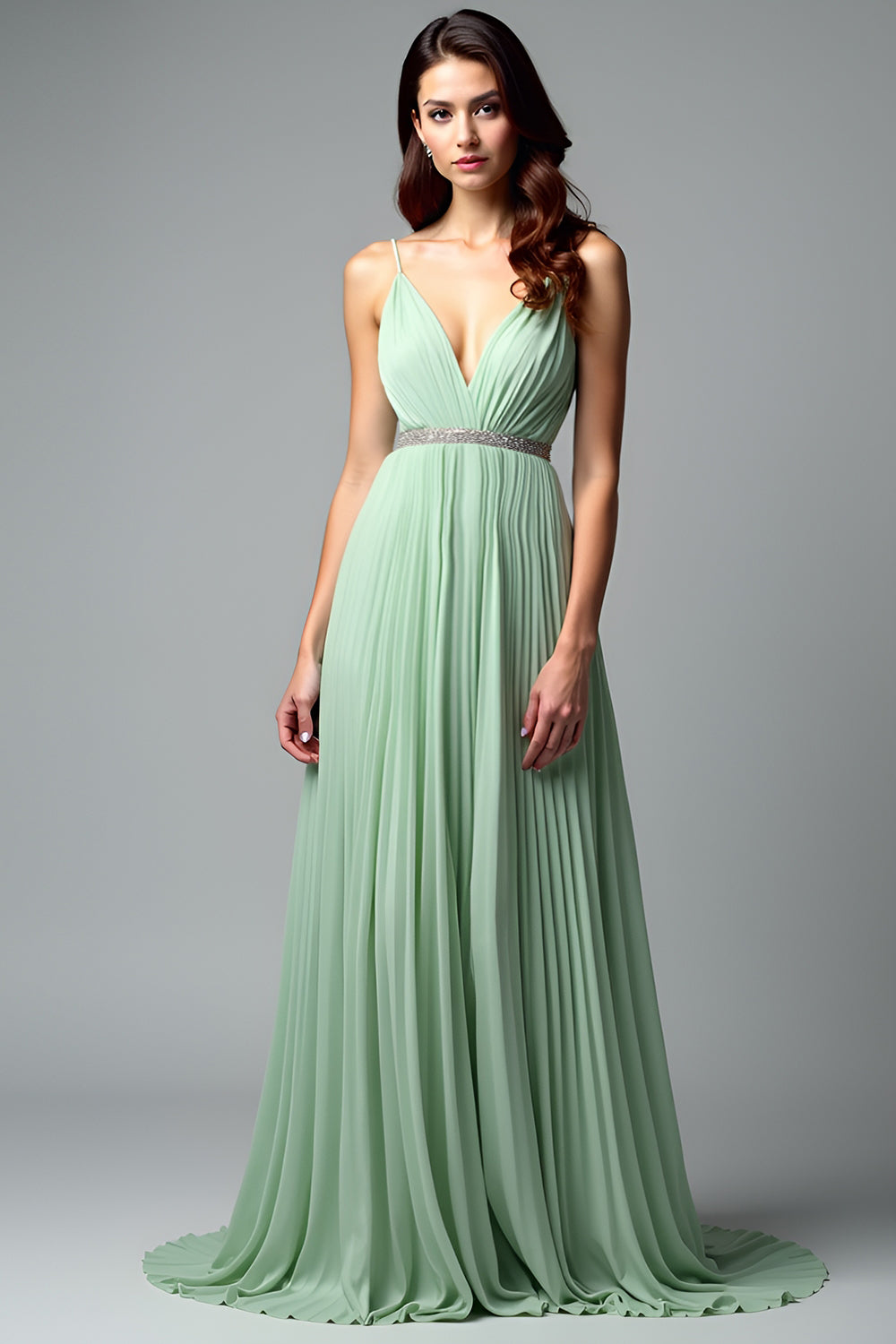 Light Green Backless A Line Pleated Long Prom Dress