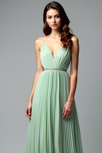 Light Green Backless A Line Pleated Long Prom Dress