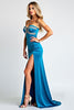 Load image into Gallery viewer, Blue Beaded Strapless Long Prom Dress with Slit