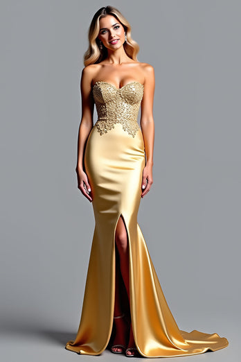 Golden Mermaid Appliqued Long Prom Dress with Slit