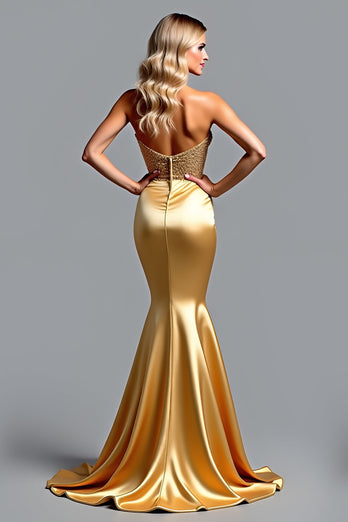 Golden Mermaid Appliqued Long Prom Dress with Slit