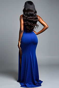 Royal Blue One Shoulder Sequins Long Prom Dress with Slit