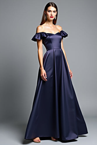 Navy A Line Off the Shoulder Long Prom Dress with Ruffles