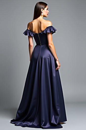 Navy A Line Off the Shoulder Long Prom Dress with Ruffles