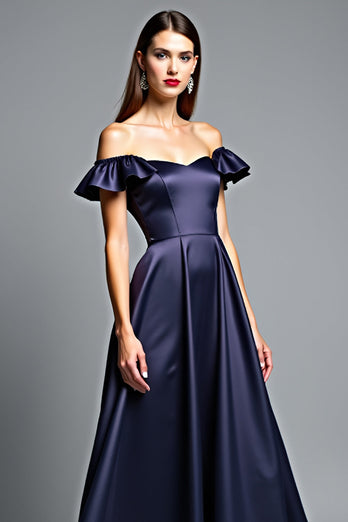 Navy A Line Off the Shoulder Long Prom Dress with Ruffles