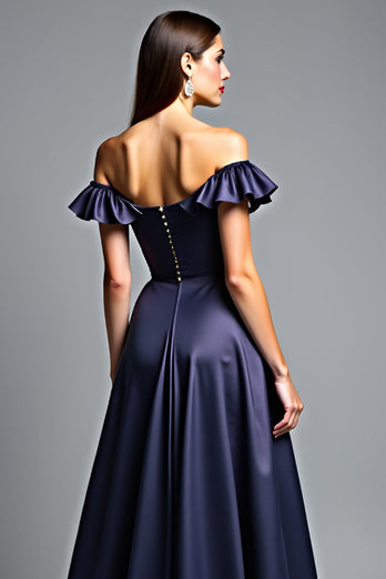 Navy A Line Off the Shoulder Long Prom Dress with Ruffles