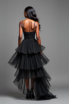 A Line Black Tiered Long Tulle Prom Dress