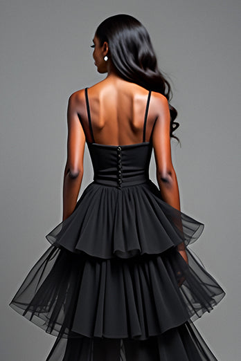 A Line Black Tiered Long Tulle Prom Dress