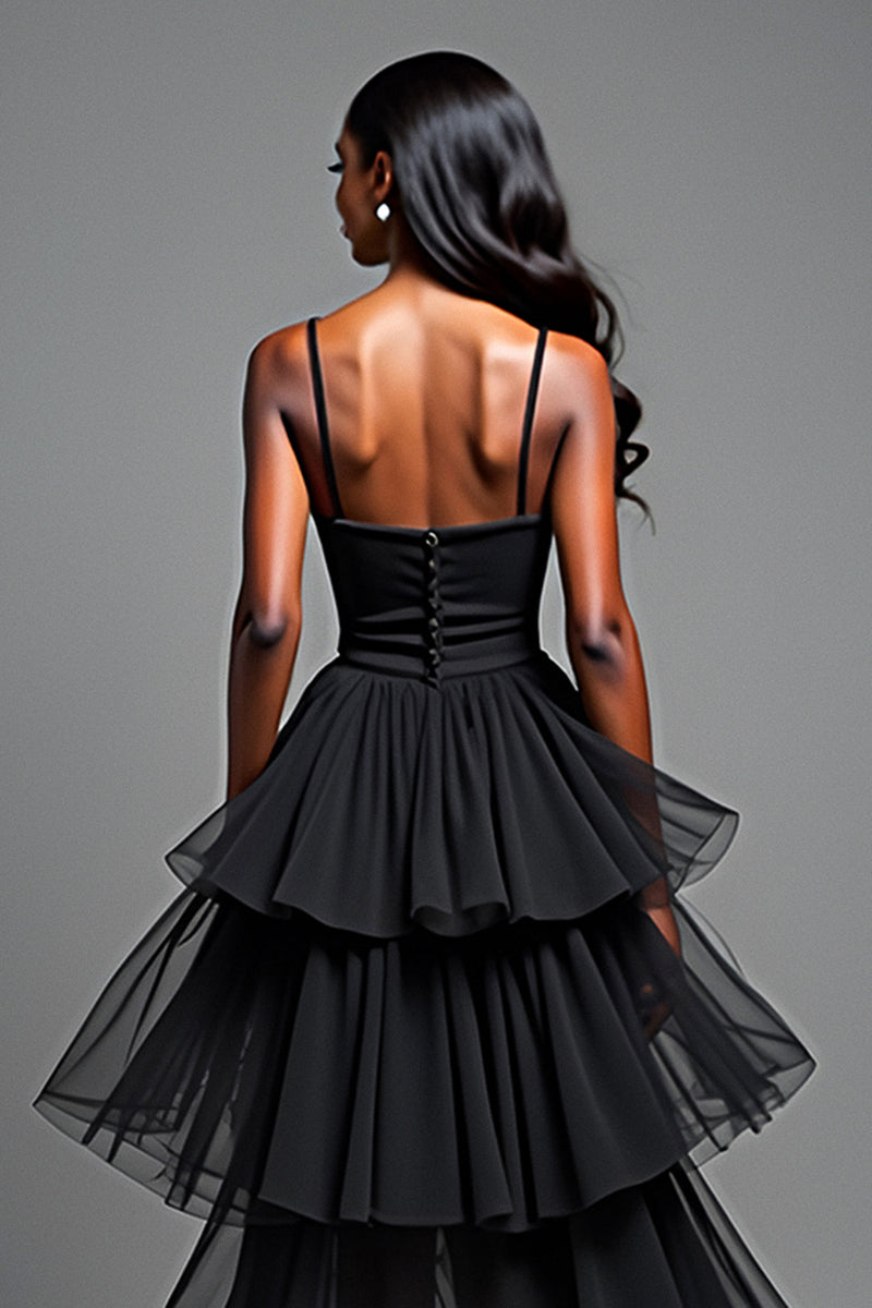 Load image into Gallery viewer, A Line Black Tiered Long Tulle Prom Dress