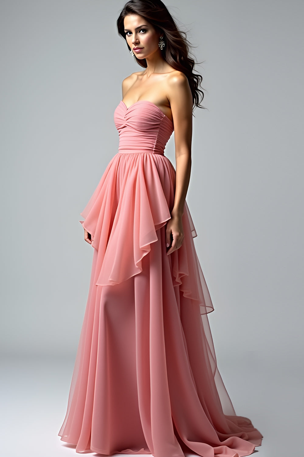 Dusty Rose Ruched Strapless Ruched Long Prom Dress