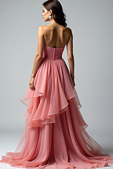 Dusty Rose Ruched Strapless Ruched Long Prom Dress