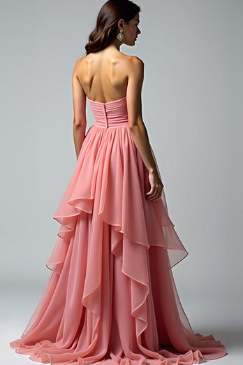 Dusty Rose Ruched Strapless Ruched Long Prom Dress