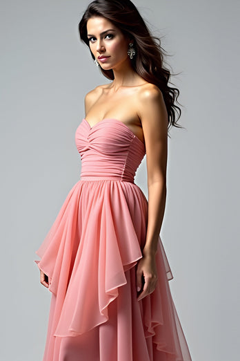 Dusty Rose Ruched Strapless Ruched Long Prom Dress