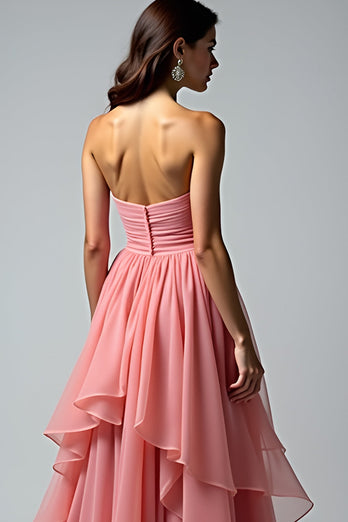 Dusty Rose Ruched Strapless Ruched Long Prom Dress