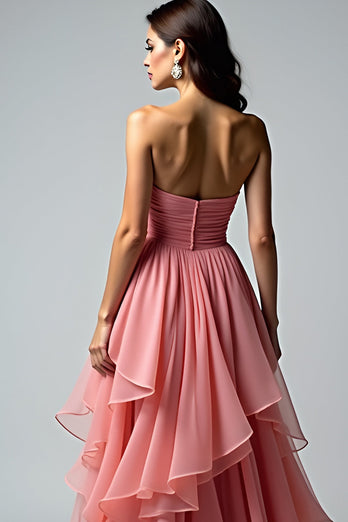 Dusty Rose Ruched Strapless Ruched Long Prom Dress