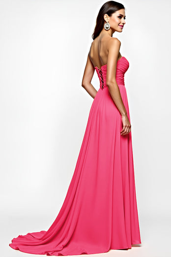 Fuchsia A Line Ruched Strapless Long Prom Dress with Slit