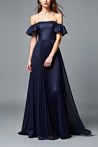 Navy A Line Off the Shoulder Pleated Formal Dress with Ruffles