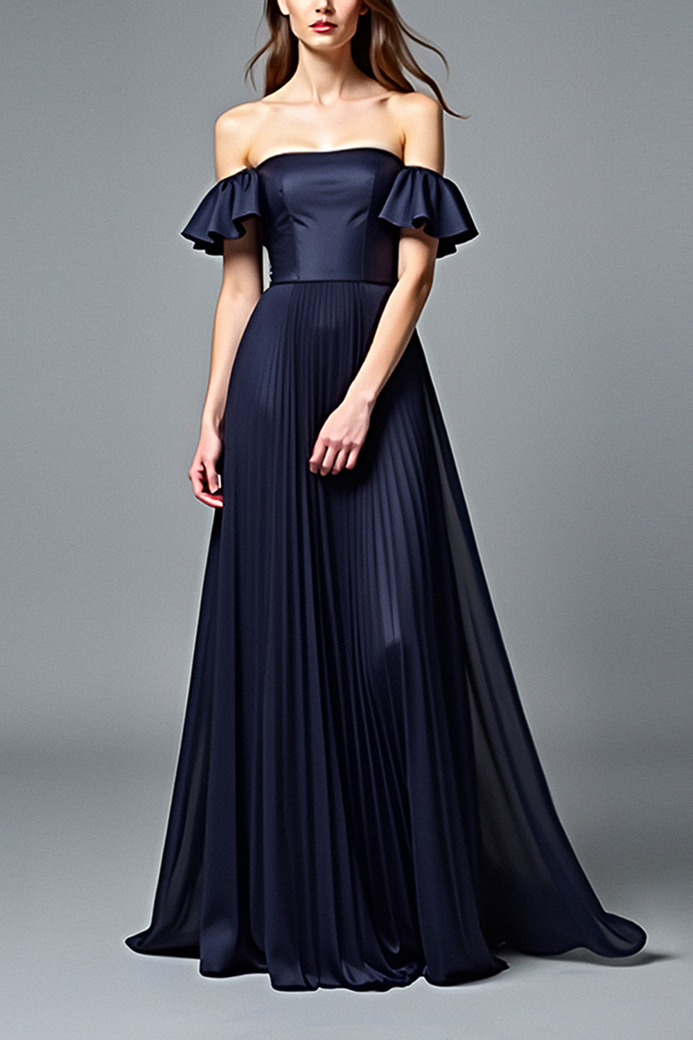 Navy A Line Off the Shoulder Pleated Formal Dress with Ruffles