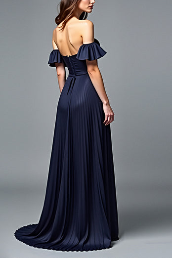 Navy A Line Off the Shoulder Pleated Formal Dress with Ruffles