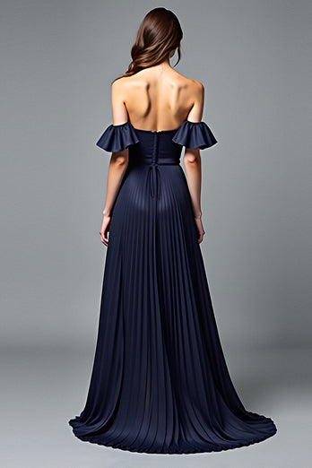 Navy A Line Off the Shoulder Pleated Formal Dress with Ruffles