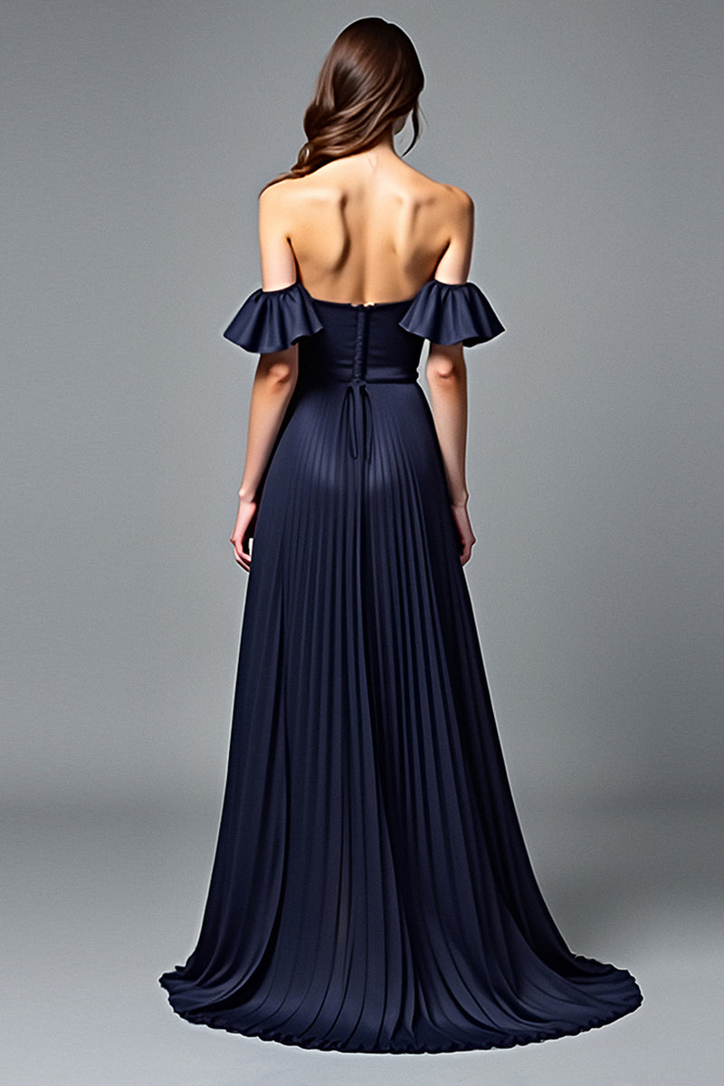 Load image into Gallery viewer, Navy A Line Off the Shoulder Pleated Formal Dress with Ruffles