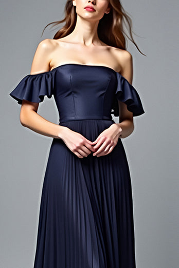 Navy A Line Off the Shoulder Pleated Formal Dress with Ruffles