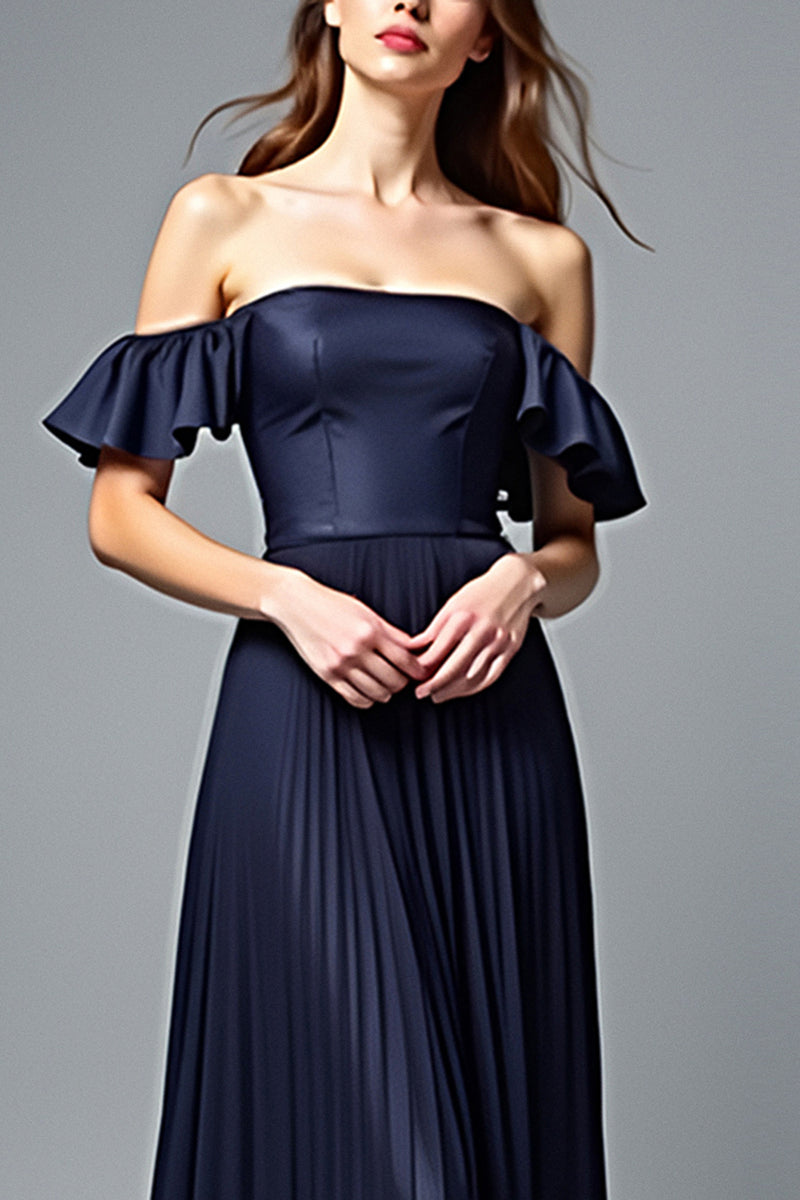 Load image into Gallery viewer, Navy A Line Off the Shoulder Pleated Formal Dress with Ruffles