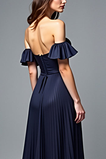 Navy A Line Off the Shoulder Pleated Formal Dress with Ruffles